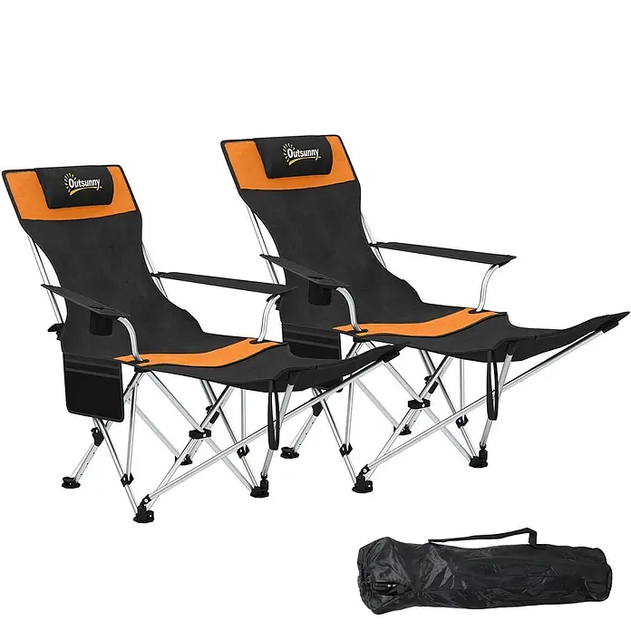 Outsunny Campingstuhl - Oxford-Gewebe, Klappbar, Dunkelgrau, Orange, B x T x H: 48 x 52,5 x 90 cm - Zwei faltbare Campingstühle in Schwarz und Orange mit Armlehnen, Getränkehaltern und Seitentaschen, plus schwarzer Tragetasche.