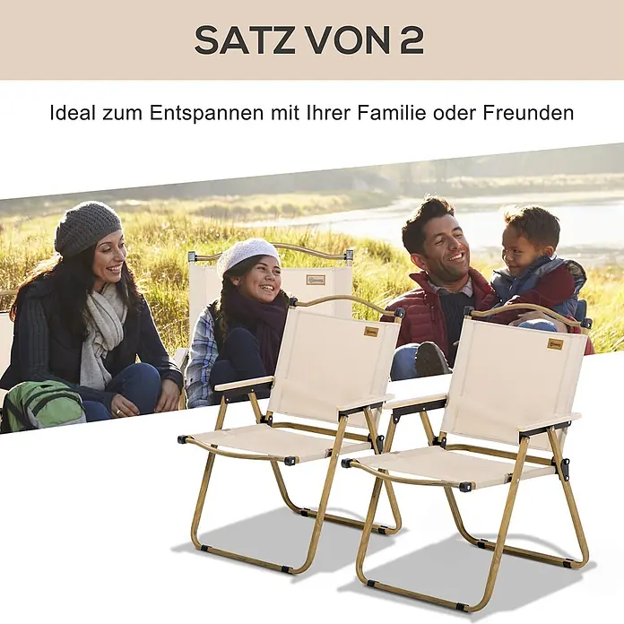 Outsunny Campingstuhl - Oxford-Stoff, Stahl, Klappbar, Khaki, B x T x H: 59 x 36 x 78 cm - Satz von 2 beigen Klappstühlen mit Holzoptikrahmen, ideal zur Entspannung im Freien.
