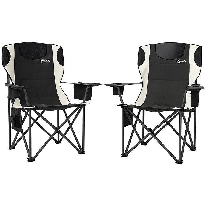 Outsunny Campingstuhl - Oxford-Gewebe, Metall, Klappbar, Schwarz, B x T x H: 62 x 62 x 100 cm - Zwei schwarze und cremefarbene klappbare Campingstühle mit Netzrücken, Armlehnen, Getränkehaltern und Seitentaschen auf Metallgestell.