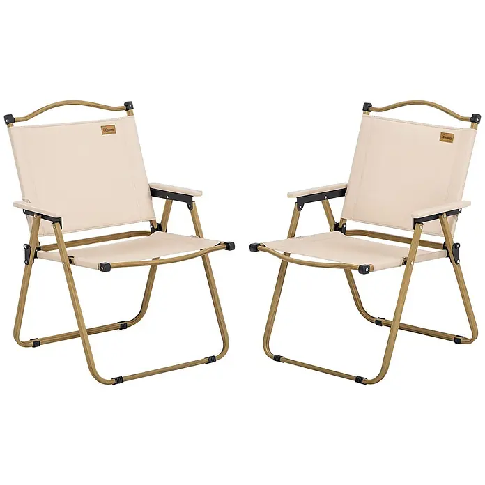 Outsunny Campingstuhl - Oxford-Stoff, Stahl, Klappbar, Khaki, B x T x H: 59 x 36 x 78 cm - Zwei beigefarbene Klapp-Campingstühle mit hellbraunen Rahmen und schwarzen Akzenten, tragbar.