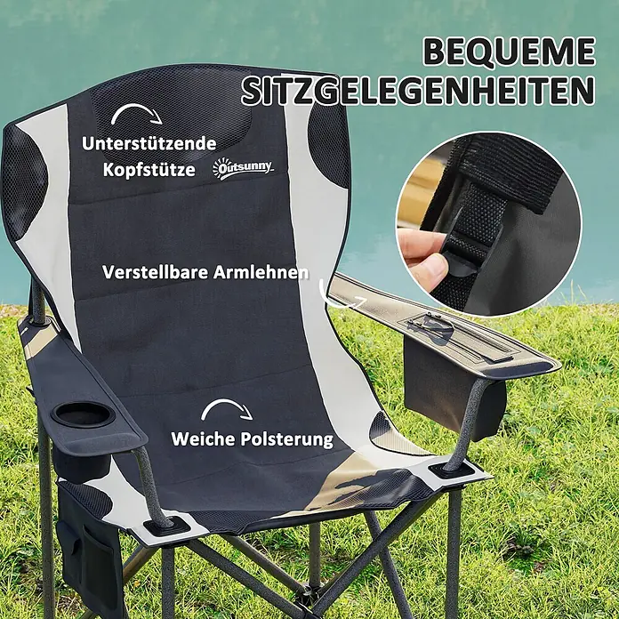 Outsunny Campingstuhl - Oxford-Gewebe, Metall, Klappbar, Schwarz, B x T x H: 62 x 62 x 100 cm - Ein dunkelgrau-weißer Campingstuhl mit Kopfstütze, verstellbaren Armlehnen, weicher Polsterung, Becherhalter und Seitentasche.