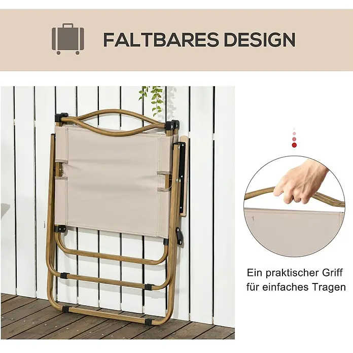 Outsunny Campingstuhl - Oxford-Stoff, Stahl, Klappbar, Khaki, B x T x H: 59 x 36 x 78 cm - Gefalteter Klappstuhl aus beigem Stoff und Holzrahmen, mit Griff zum einfachen Transport.