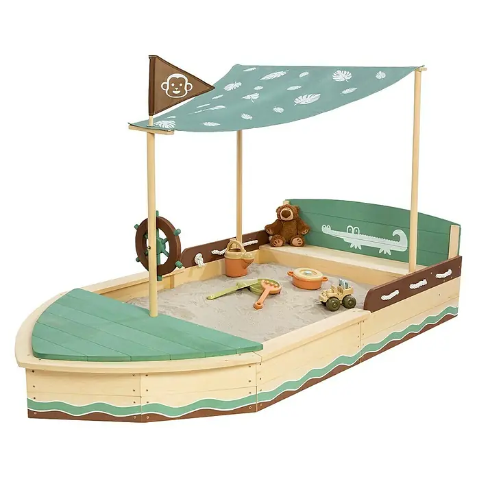 Muddy Buddy Sandkasten Jungle King - L x B x H: 195 x 110 x 120 cm, Holz - Hölzerner Sandkasten in Bootsform mit Sonnensegel, Spielzeug und Teddybär für kreativen Spielspaß im Garten.