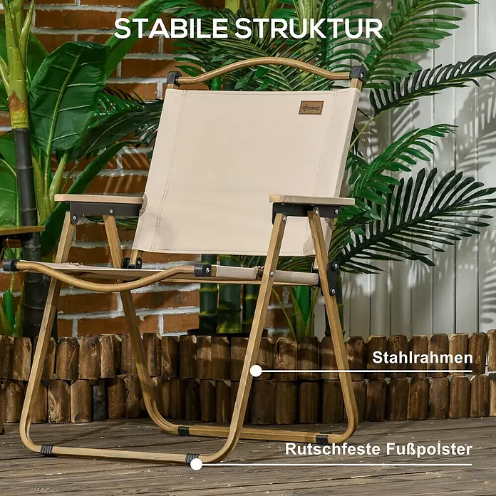 Outsunny Campingstuhl - Oxford-Stoff, Stahl, Klappbar, Khaki, B x T x H: 59 x 36 x 78 cm - Beiger Klappstuhl mit Stahlrahmen in Holzoptik und rutschfesten Fußpolstern, ideal für Garten und Balkon.