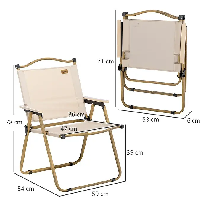 Outsunny Campingstuhl - Oxford-Stoff, Stahl, Klappbar, Khaki, B x T x H: 59 x 36 x 78 cm - Beiger Klapp-Campingstuhl mit Holzarmlehnen, offen und zusammengeklappt mit Maßen dargestellt.