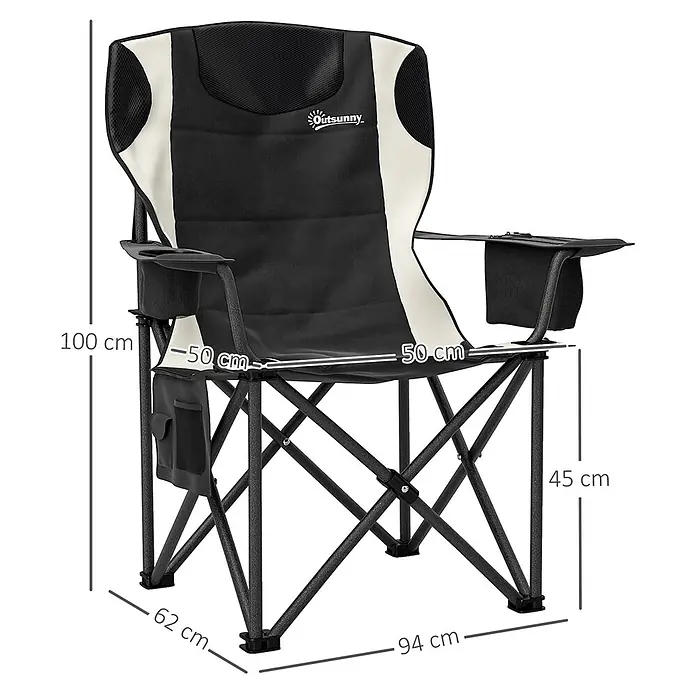 Outsunny Campingstuhl - Oxford-Gewebe, Metall, Klappbar, Schwarz, B x T x H: 62 x 62 x 100 cm - Schwarz-weißer Klapp-Campingstuhl mit gepolsterter Rückenlehne und Sitzfläche, Armlehnen und Seitentaschen.