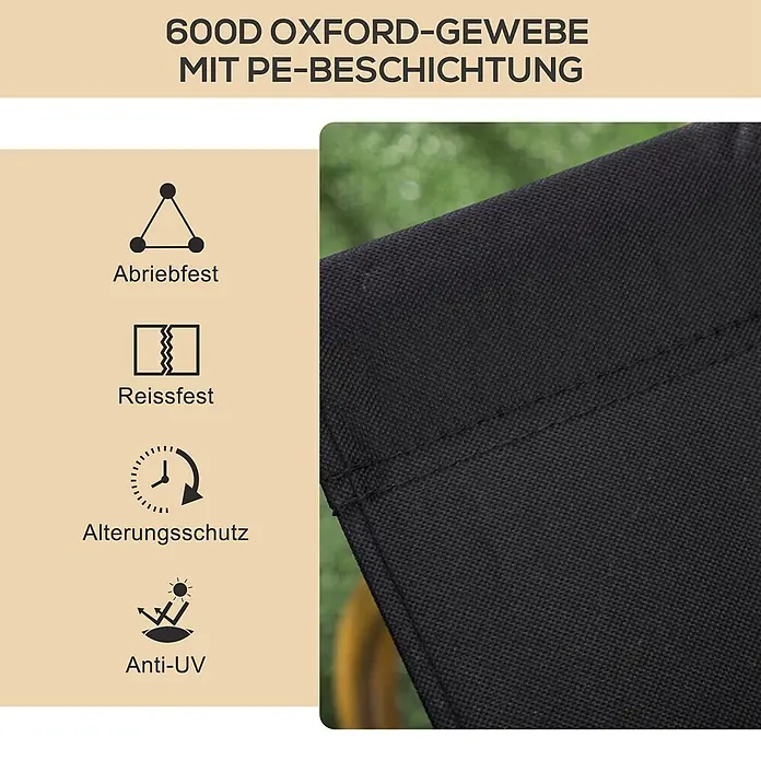 Outsunny Campingstuhl - Schwarz - Schwarzes 600D Oxford-Gewebe mit PE-Beschichtung, das seine Abrieb-, Reiß-, Alterungs- und UV-Beständigkeit hervorhebt.