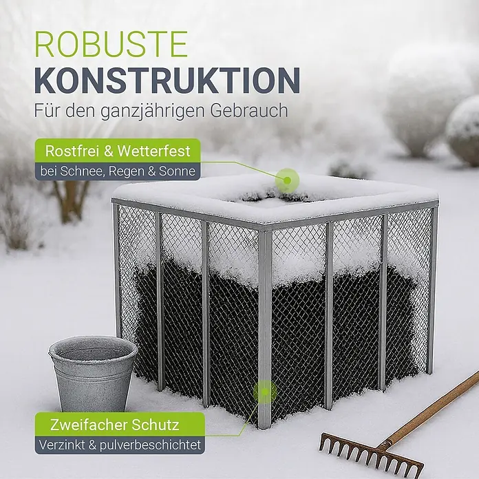 Juskys Komposter Komposter - 800 l, 100 x 100 x 80 cm - Quadratischer Metallgitter-Komposter in verschneitem Garten. Seine verzinkte und pulverbeschichtete Konstruktion ist für den ganzjährigen, wetterfesten Einsatz hervorgehoben.