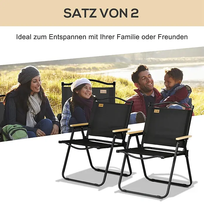 Outsunny Campingstuhl - Schwarz - Zwei schwarze Klappstühle mit Holzarmlehnen, ideal zur Entspannung im Freien.