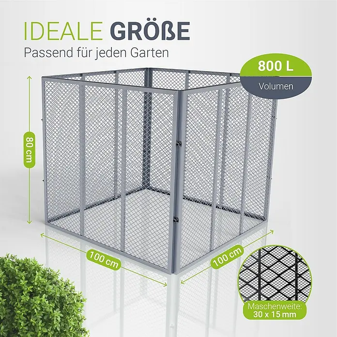 Juskys Komposter Komposter - 800 l, 100 x 100 x 80 cm - Grauer Metallgitter-Komposter, 80x100x100 cm, 800 L Volumen, mit 30x15 mm Maschenweite. Ideal für Gärten.