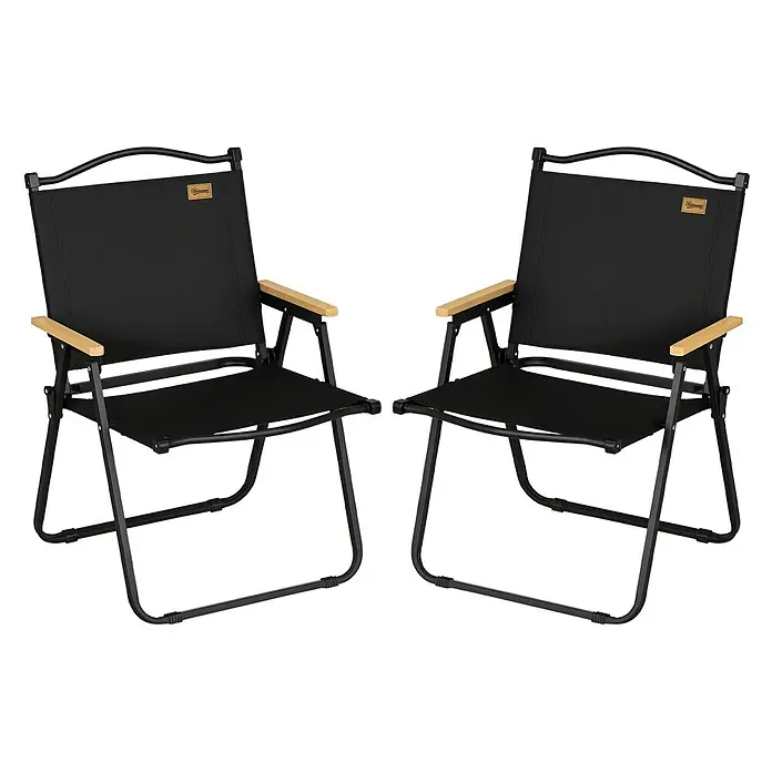 Outsunny Campingstuhl - Schwarz - Zwei schwarze Klappstühle mit schwarzen Metallrahmen und hellen Holzarmlehnen, mit schwarzen Stoffsitzen und -lehnen.