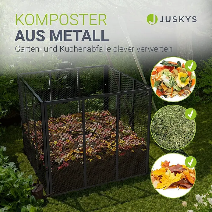 Juskys Komposter Komposter - 800 l, 100 x 100 x 80 cm - Schwarzer Metall-Komposter für Garten- und Küchenabfälle, im Garten stehend und mit Blättern gefüllt.