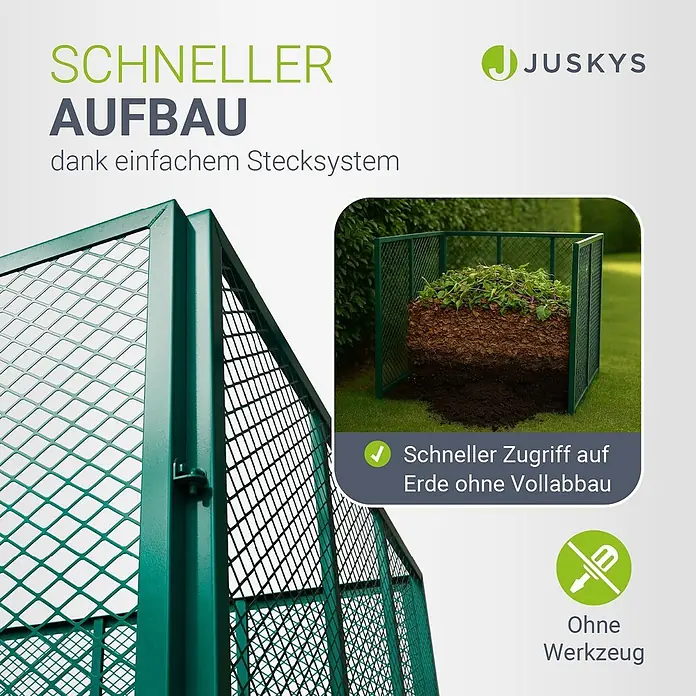 Juskys Komposter Komposter - 800 l, 100 x 100 x 80 cm - Grüner Komposter aus Metallgitter für einfachen, werkzeuglosen Aufbau und schnellen Zugriff auf Erde. Im Garten gezeigt.