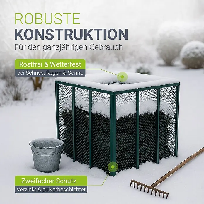 Juskys Komposter Komposter - 800 l, 100 x 100 x 80 cm - Dunkelgrüner Komposter aus Metallgitter, schneebedeckt im Garten. Robust, rostfrei, wetterfest für den ganzjährigen Gebrauch.