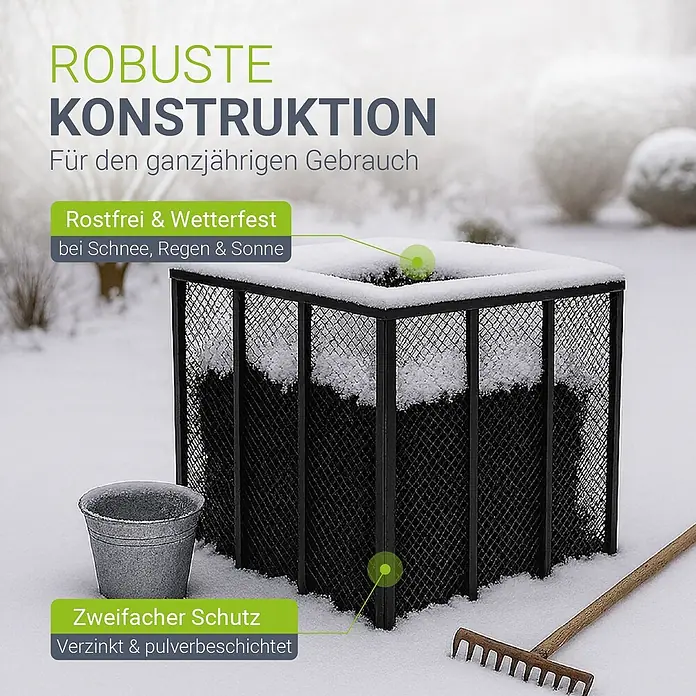 Juskys Komposter Komposter - 450 l, 80 x 80 x 70 cm - Schwarzer, quadratischer Gitterkomposter im Schnee, robust, rostfrei und wetterfest für den ganzjährigen Gebrauch.