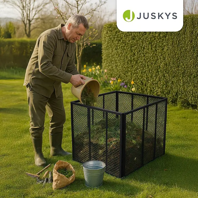 Juskys Komposter Komposter - 450 l, 80 x 80 x 70 cm - Großer schwarzer Komposter aus Metallgeflecht, von einem Mann mit Gartenabfällen befüllt.