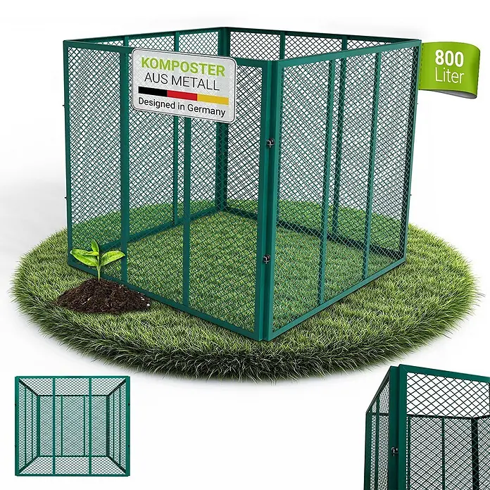 Juskys Komposter Komposter - 800 l, 100 x 100 x 80 cm - Grüner Metall-Komposter mit 800 Liter Fassungsvermögen, auf Rasen mit einer kleinen Pflanze.