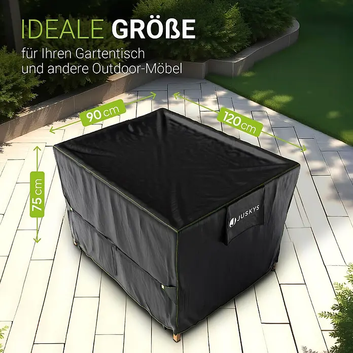 Juskys Loungemöbel-Schutzhülle CoverSafe - L x B x H: 120 x 90 x 75 cm, Material: 420D Oxford-Gewebe (100 g\m2), PU-Beschichtung, 100 g/m², schwarz - Schwarze JUSKYS rechteckige Outdoor-Möbelabdeckung, 120x90x75 cm, auf einem Gartentisch auf der Terrasse.