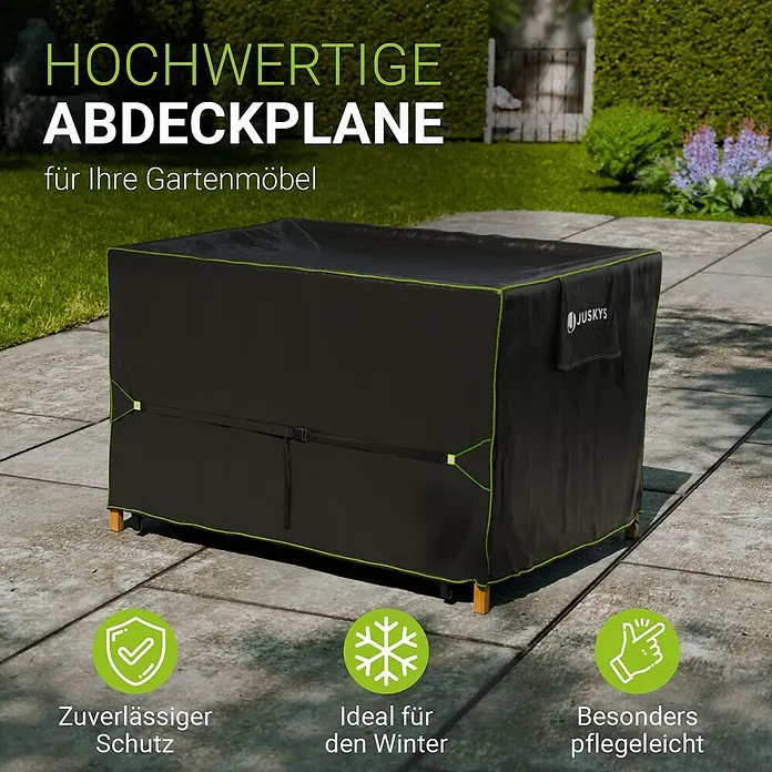 Juskys Loungemöbel-Schutzhülle CoverSafe - L x B x H: 120 x 90 x 75 cm, Material: 420D Oxford-Gewebe (100 g\m2), PU-Beschichtung, 100 g/m², schwarz - Schwarze Gartenmöbel-Abdeckplane mit grünem Saum, schützt Gartenmöbel auf einer Terrasse.