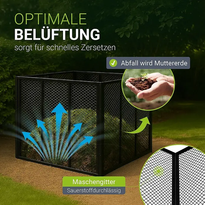 Juskys Komposter Komposter - 450 l, 80 x 80 x 70 cm - Schwarzer Komposter aus Metallgitter mit optimaler Belüftung zur Zersetzung von Abfall in Erde. Nahaufnahme des sauerstoffdurchlässigen Gitters.