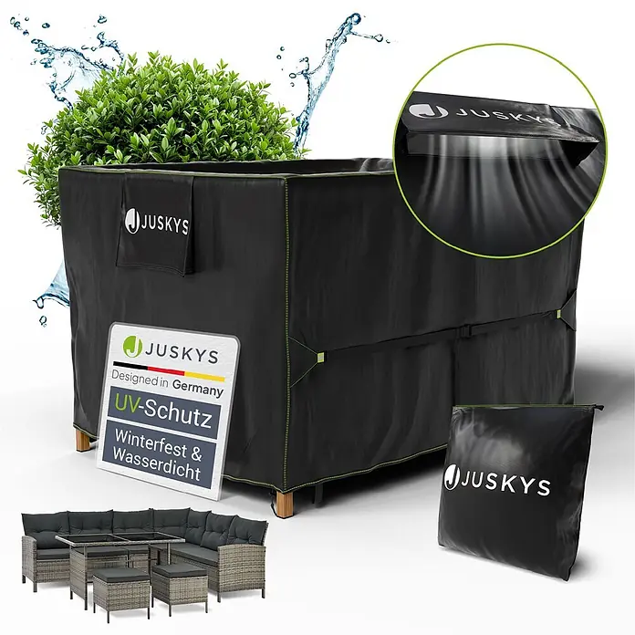 Juskys Loungemöbel-Schutzhülle CoverSafe - L x B x H: 120 x 90 x 75 cm, Material: 420D Oxford-Gewebe (100 g\m2), PU-Beschichtung, 100 g/m², schwarz - Schwarze Juskys Schutzhülle für Gartenmöbel, UV-, winter- und wasserdicht, mit Belüftung und Tragetasche.