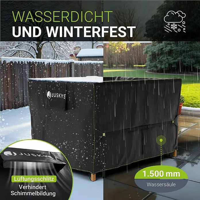 Juskys Loungemöbel-Schutzhülle CoverSafe - L x B x H: 120 x 90 x 75 cm, Material: 420D Oxford-Gewebe (100 g\m2), PU-Beschichtung, 100 g/m², schwarz - Schwarze JUSKYS Gartenmöbelabdeckung, wasserdicht und winterfest, mit Lüftungsschlitz und 1.500 mm Wassersäule.