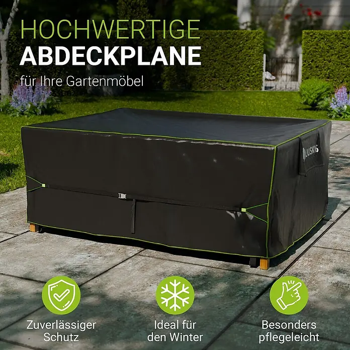 Juskys Loungemöbel Schutzhülle CoverSafe - L x B x H: 200 x 160 x 75 cm, Material: 420D Oxford-Gewebe (100 g\m2), PU-Beschichtung, 100 g/m², schwarz - Hochwertige schwarze Schutzhülle mit grünen Akzenten für Gartenmöbel, über einem Gartentisch liegend.