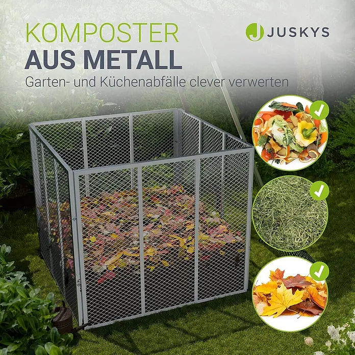 Juskys Komposter Komposter - 450 l, 80 x 80 x 70 cm - Grauer Metallkomposter im Garten, mit Laub gefüllt. Beispiele für Küchenabfälle, Gras und Herbstlaub werden zur Kompostierung gezeigt.