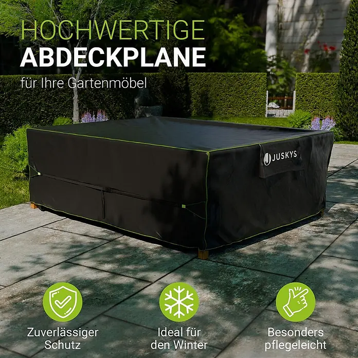 Juskys Loungemöbel Schutzhülle CoverSafe - L x B x H: 300 x 250 x 100 cm, Material: 420D Oxford-Gewebe (100 g\m2), PU-Beschichtung, 100 g/m², schwarz - Schwarze Gartenmöbelabdeckplane mit grünem Rand, schützt einen rechteckigen Tisch im Freien. Robust und winterfest.