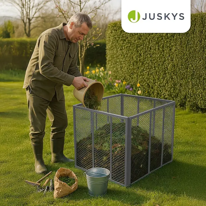 Juskys Komposter Komposter - 450 l, 80 x 80 x 70 cm - Dunkelgrauer Kompostbehälter aus Metallgitter, der im Garten mit organischem Material befüllt wird.