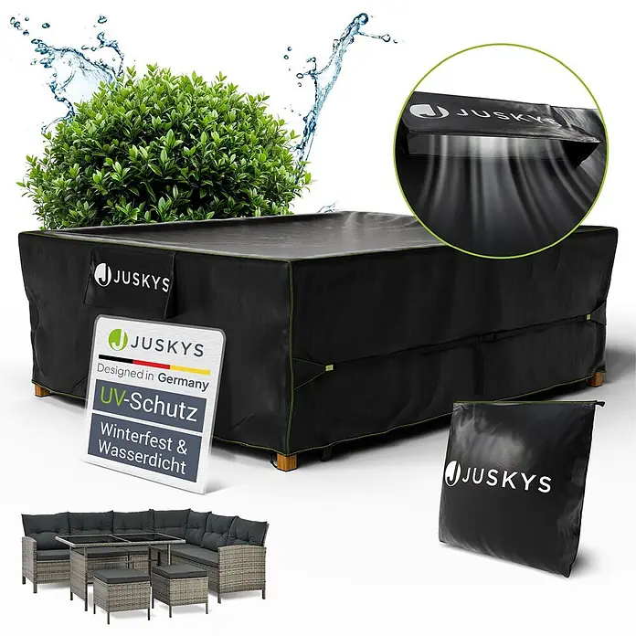 Juskys Loungemöbel Schutzhülle CoverSafe - L x B x H: 300 x 250 x 100 cm, Material: 420D Oxford-Gewebe (100 g\m2), PU-Beschichtung, 100 g/m², schwarz - Schwarze JUSKYS Gartenmöbelabdeckung, wasserdicht, UV-beständig und belüftet, schützt eine Loungemöbelgarnitur.