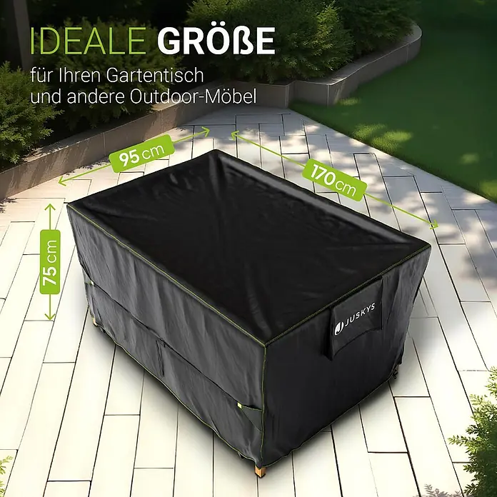 Juskys Loungemöbel-Schutzhülle CoverSafe - L x B x H: 170 x 95 x 75 cm, Material: 420D Oxford-Gewebe (100 g\m2), PU-Beschichtung, 100 g/m², schwarz - Schwarze rechteckige Outdoormöbelabdeckung mit grünen Nähten, Maße 170x95x75 cm auf einer Terrasse.