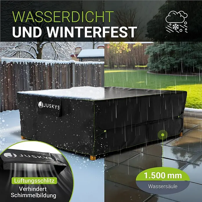 Juskys Loungemöbel Schutzhülle CoverSafe - L x B x H: 300 x 250 x 100 cm, Material: 420D Oxford-Gewebe (100 g\m2), PU-Beschichtung, 100 g/m², schwarz - Schwarze Schutzhülle für Gartenmöbel, wetterfest gegen Schnee und Regen, mit Lüftungsschlitz.