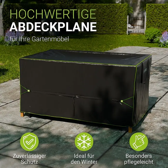 Juskys Loungemöbel-Schutzhülle CoverSafe - L x B x H: 170 x 95 x 75 cm, Material: 420D Oxford-Gewebe (100 g\m2), PU-Beschichtung, 100 g/m², schwarz - Schwarze Gartenmöbelabdeckplane mit grünem Rand, schützt Möbel auf einer Terrasse.