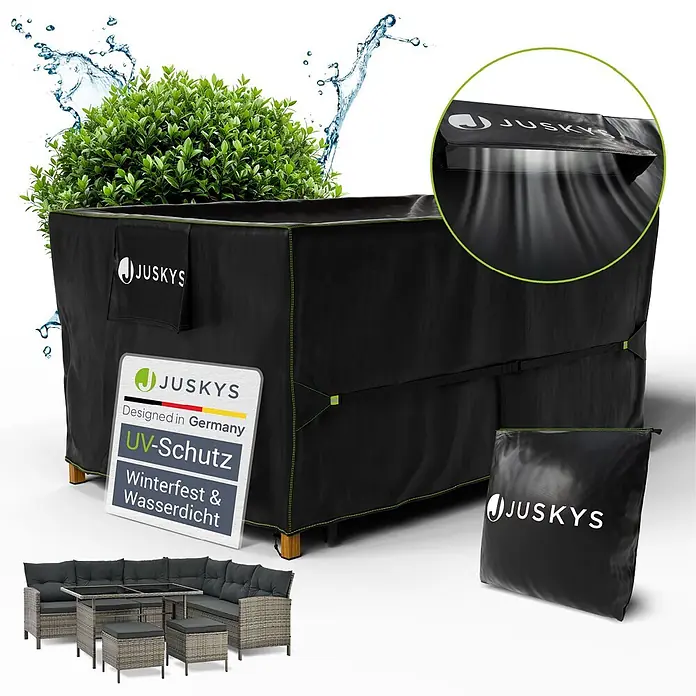 Juskys Loungemöbel-Schutzhülle CoverSafe - L x B x H: 170 x 95 x 75 cm, Material: 420D Oxford-Gewebe (100 g\m2), PU-Beschichtung, 100 g/m², schwarz - Schwarze Juskys Schutzhülle für Gartenmöbel mit grünen Nähten, UV-, winter- und wasserdicht. Inklusive Aufbewahrungstasche.