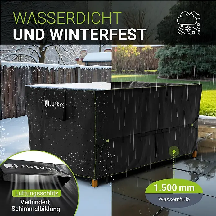 Juskys Loungemöbel-Schutzhülle CoverSafe - L x B x H: 170 x 95 x 75 cm, Material: 420D Oxford-Gewebe (100 g\m2), PU-Beschichtung, 100 g/m², schwarz - Schwarze wasserdichte und winterfeste Gartenmöbelabdeckung, schützt vor Schnee und Regen, mit Lüftungsschlitz gegen Schimmelbildung.