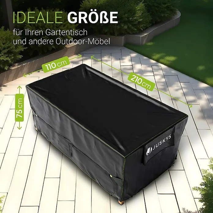 Juskys Loungemöbel-Schutzhülle CoverSafe - L x B x H: 210 x 110 x 75 cm, Material: 420D Oxford-Gewebe (100 g\m2), PU-Beschichtung, 100 g/m², schwarz - Schwarze Schutzhülle für Gartenmöbel (210x110x75 cm) mit Juskys-Logo.