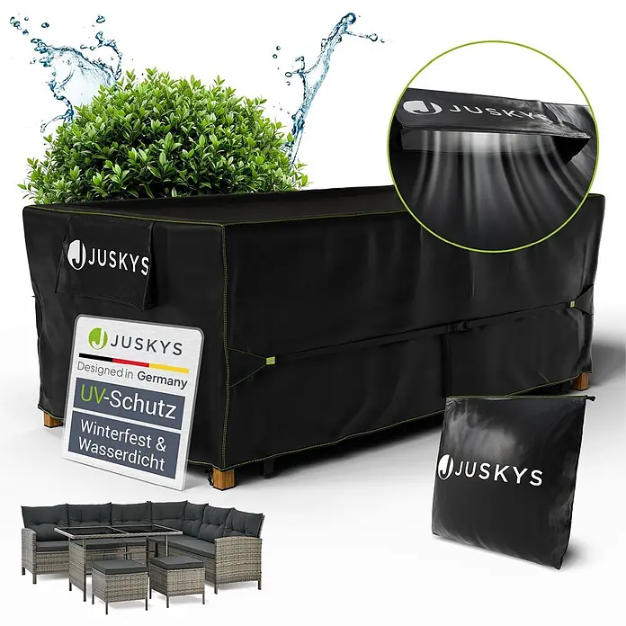 Juskys Loungemöbel-Schutzhülle CoverSafe - L x B x H: 210 x 110 x 75 cm, Material: 420D Oxford-Gewebe (100 g\m2), PU-Beschichtung, 100 g/m², schwarz - Schwarze JUSKYS Outdoor-Möbelabdeckung mit grünen Nähten; UV-Schutz, wasserdicht, belüftet, inkl. Aufbewahrungstasche für Rattan-Set.