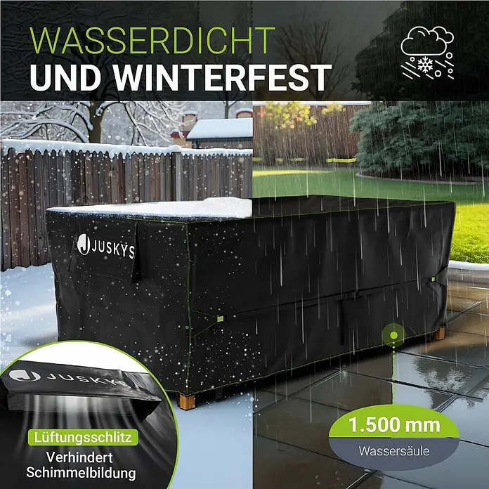 Juskys Loungemöbel-Schutzhülle CoverSafe - L x B x H: 210 x 110 x 75 cm, Material: 420D Oxford-Gewebe (100 g\m2), PU-Beschichtung, 100 g/m², schwarz - Schwarze wasserdichte und winterfeste Gartenmöbelabdeckung mit Lüftungsschlitz zur Schimmelvermeidung.