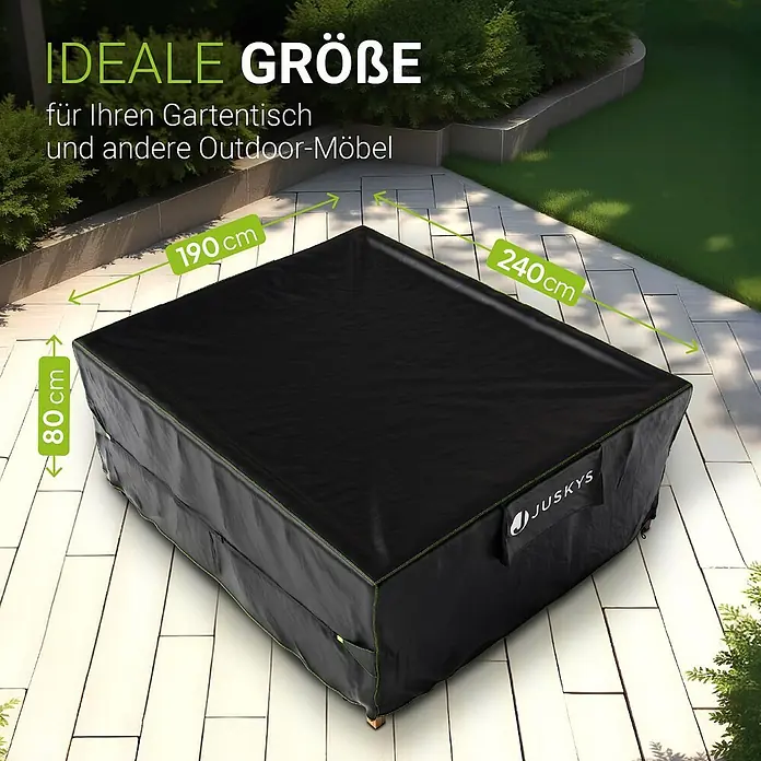 Juskys Loungemöbel-Schutzhülle CoverSafe - L x B x H: 240 x 190 x 80 cm, Material: 420D Oxford-Gewebe (100 g\m2), PU-Beschichtung, 100 g/m², schwarz - Schwarze Abdeckplane für Gartenmöbel, 240x190x80 cm, mit JUSKYS Logo.