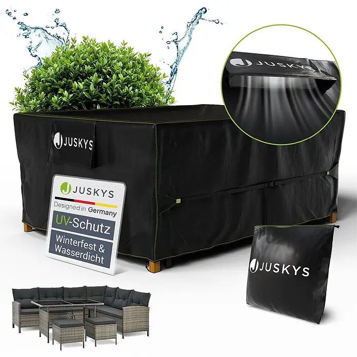 Juskys Loungemöbel-Schutzhülle CoverSafe - L x B x H: 242 x 182 x 100 cm, Material: 420D Oxford-Gewebe (100 g\m2), PU-Beschichtung, 100 g/m², schwarz - Schwarze Juskys Gartenmöbelabdeckung mit grünen Nähten, UV-Schutz, winter- und wasserdicht, atmungsaktiv. Inkl. Aufbewahrungstasche.