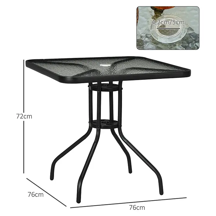 Outsunny Balkontisch mit Schirmloch - L x B x H: 76 x 76 x 72 cm, Metall, Gehärtetes Glas, Quadratisch, Schwarz - Schwarzer Metall-Gartentisch mit dunkler gemusterter Glasplatte und Schirmloch.