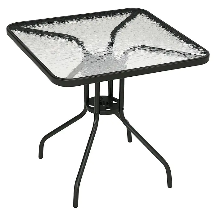 Outsunny Balkontisch mit Schirmloch - L x B x H: 76 x 76 x 72 cm, Metall, Gehärtetes Glas, Quadratisch, Schwarz - Quadratischer Gartentisch mit schwarzem Metallgestell und strukturierter Glasplatte.
