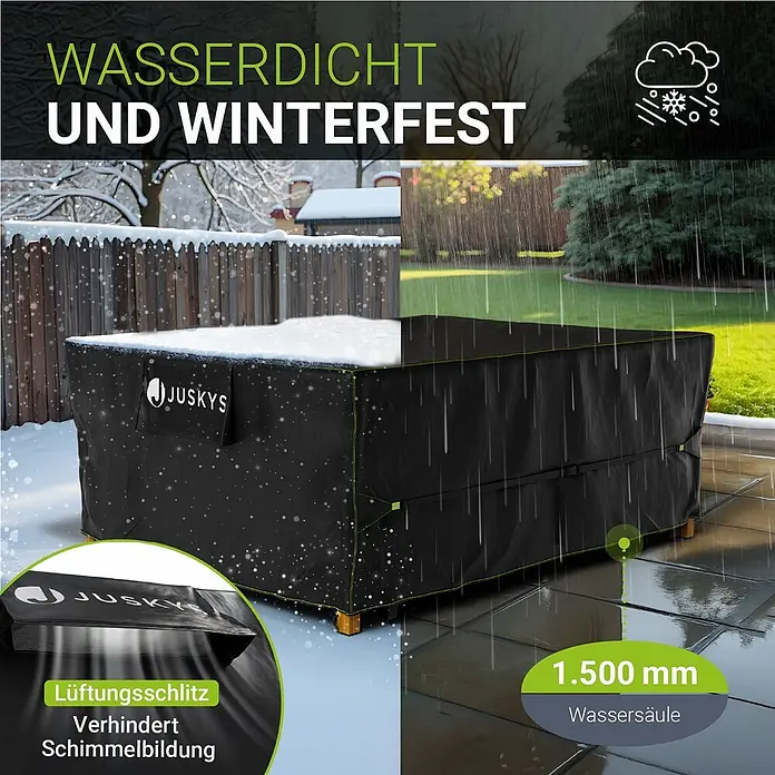 Juskys Loungemöbel-Schutzhülle CoverSafe - L x B x H: 242 x 162 x 100 cm, Material: 420D Oxford-Gewebe (100 g\m2), PU-Beschichtung, 100 g/m², schwarz - Schwarze JUSKYS Gartenmöbelabdeckung schützt Tisch vor Schnee und Regen, mit Lüftungsschlitz und 1.500mm Wassersäule.