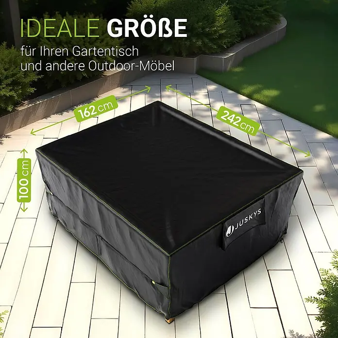 Juskys Loungemöbel-Schutzhülle CoverSafe - L x B x H: 242 x 162 x 100 cm, Material: 420D Oxford-Gewebe (100 g\m2), PU-Beschichtung, 100 g/m², schwarz - Schwarze Schutzhülle für Gartenmöbel mit grünen Nähten, 242x162x100 cm, auf einer Terrasse.
