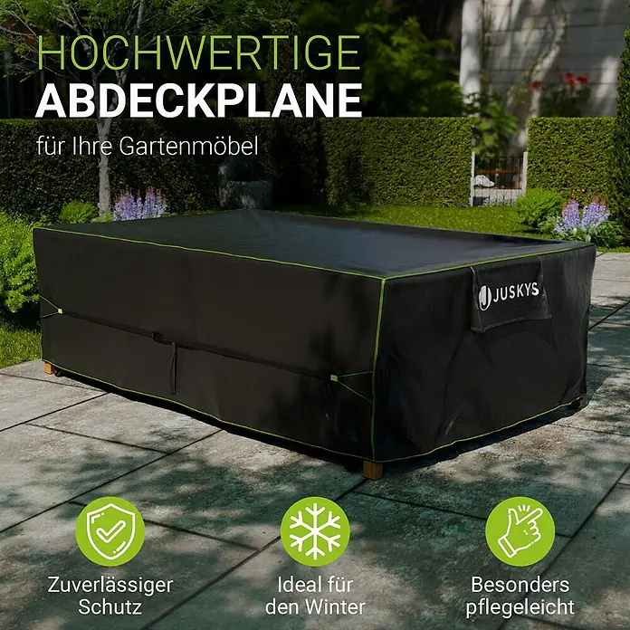 Juskys Loungemöbel-Schutzhülle CoverSafe - L x B x H: 300 x 200 x 90 cm, Material: 420D Oxford-Gewebe (100 g\m2), PU-Beschichtung, 100 g/m², schwarz - Schwarze Gartenmöbelabdeckplane mit grünem Rand schützt Outdoor-Möbel auf einer Terrasse.