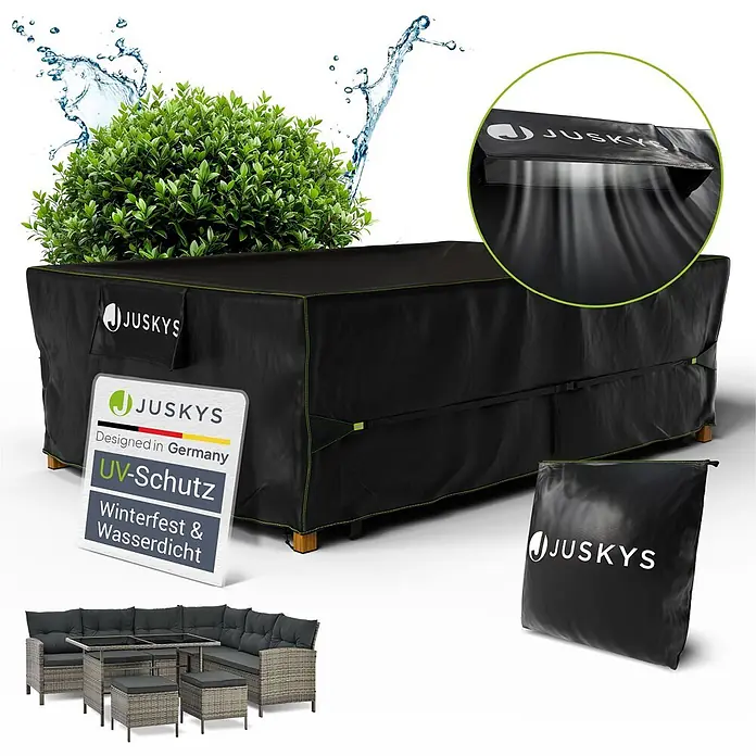 Juskys Loungemöbel-Schutzhülle CoverSafe - L x B x H: 300 x 200 x 90 cm, Material: 420D Oxford-Gewebe (100 g\m2), PU-Beschichtung, 100 g/m², schwarz - Schwarze JUSKYS Gartenmöbelabdeckung mit grünen Nähten, wasserdicht und UV-schützend, bedeckt eine Sitzgruppe und mit Tragetasche.