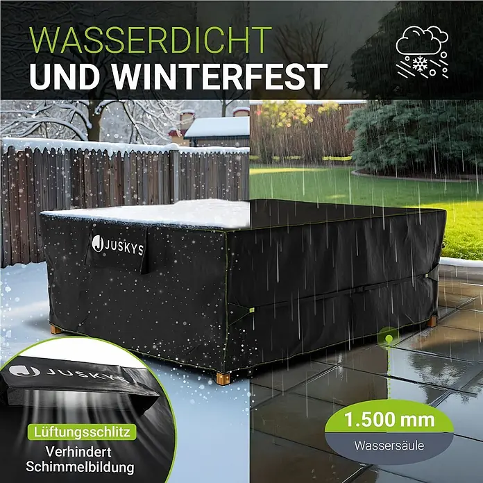 Juskys Loungemöbel-Schutzhülle CoverSafe - L x B x H: 250 x 210 x 90 cm, Material: 420D Oxford-Gewebe (100 g\m2), PU-Beschichtung, 100 g/m², Schwarz - Schwarze Juskys Outdoor-Möbelabdeckung mit grünen Akzenten, schützt Möbel vor Schnee und Regen, mit Belüftungsschlitz, wasserdicht und winterfest.