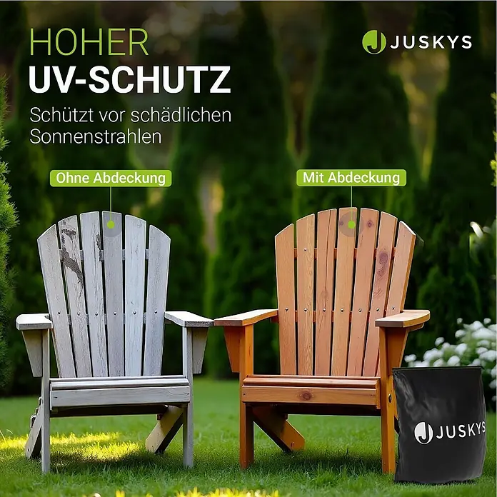 Juskys Loungemöbel-Schutzhülle CoverSafe - L x B x H: 250 x 210 x 90 cm, Material: 420D Oxford-Gewebe (100 g\m2), PU-Beschichtung, 100 g/m², Schwarz - Zwei Holz-Adirondack-Stühle, einer verwittert, einer gut erhalten, demonstrieren UV-Schutz für Gartenmöbel. Eine Juskys-Aufbewahrungstasche ist dabei.