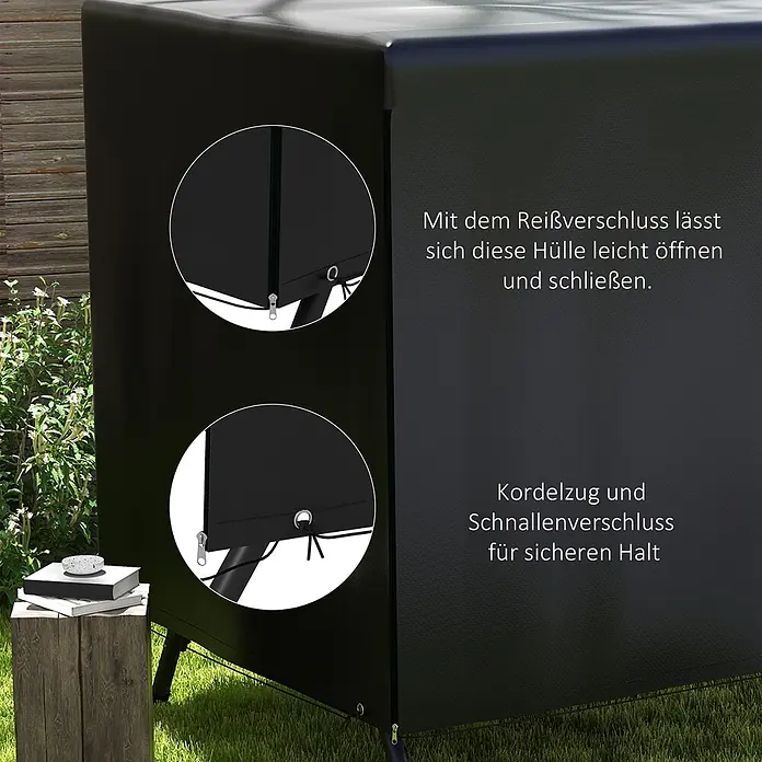 Outsunny Hollywoodschaukel-Schutzhülle - L x B x H: 215 x 155 x 150 cm, Polyethylen, 100 g/m², Schwarz - Schwarze Schutzhülle mit Reißverschluss zum einfachen Öffnen und Schließen sowie Kordelzug und Schnallenverschluss für sicheren Halt.